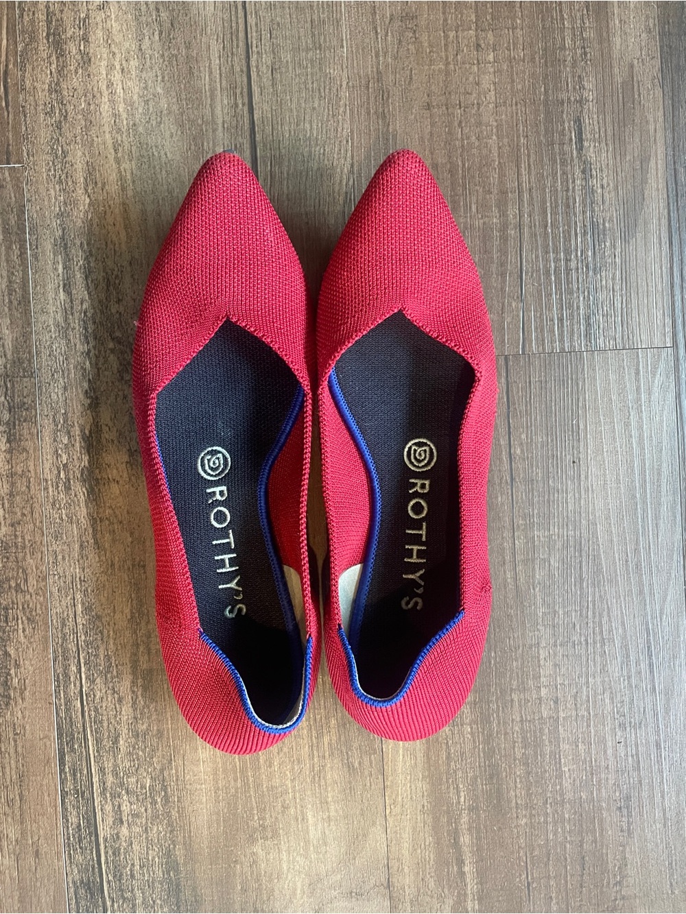 Rothy's Red Pointed Knit Flats with Blue Trim